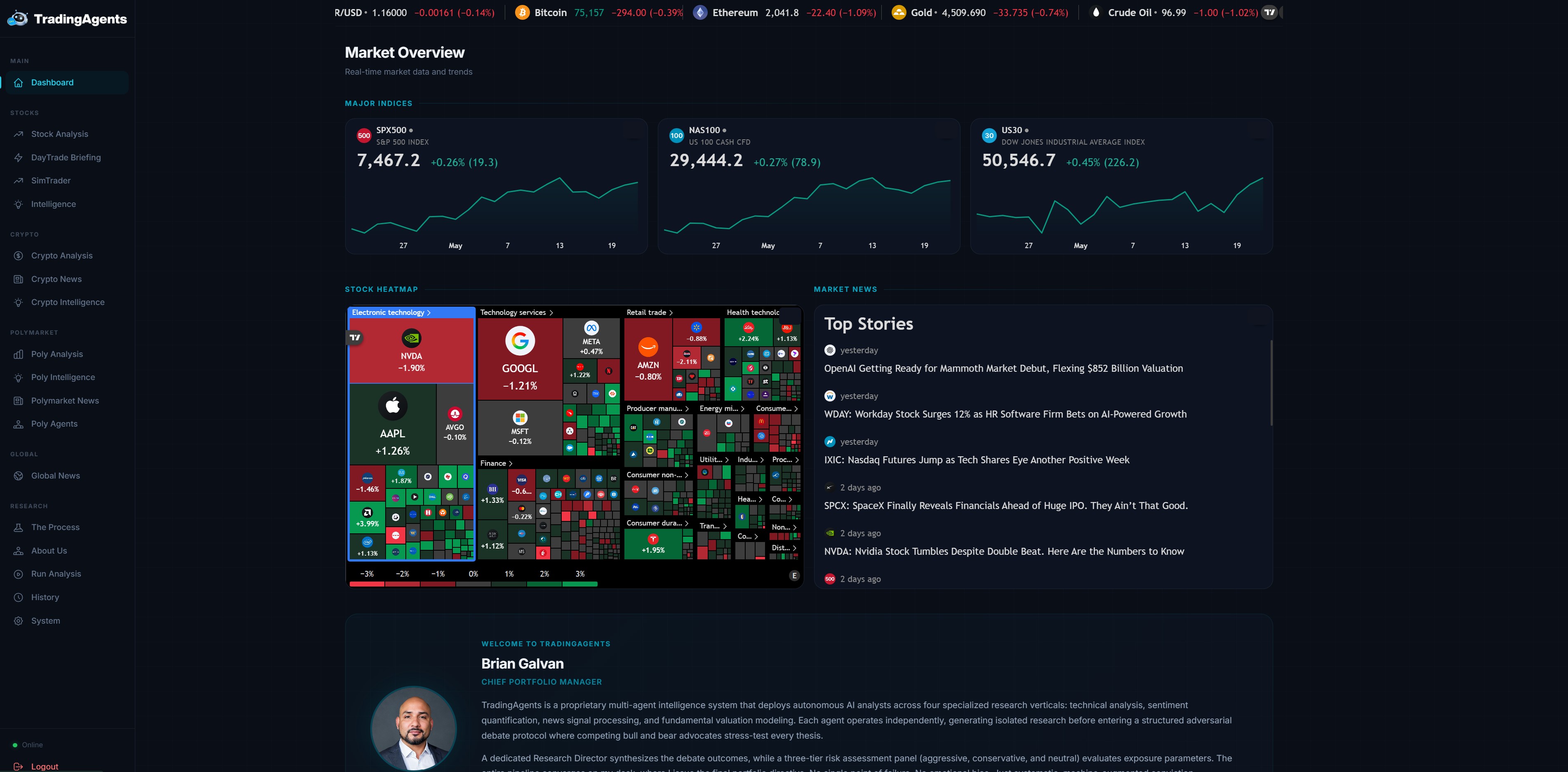 TradingAgents platform capability grid showing OSINT Engine, Adversarial Debate, Risk Panel